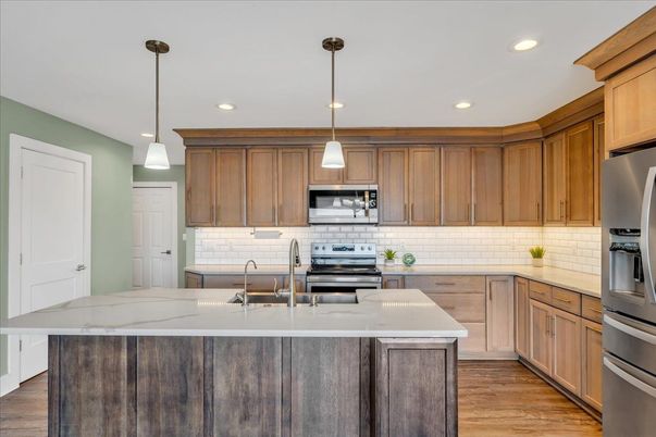 Interior, Kitchen, Pendant Lights, Recessed Lighting, Stainless Steel Appliances, Wood Texture Flooring