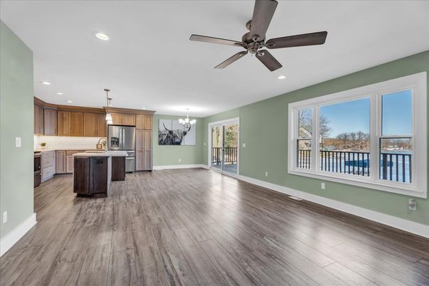Chandelier, Interior, Kitchen, Recessed Lighting, Wood Texture Flooring