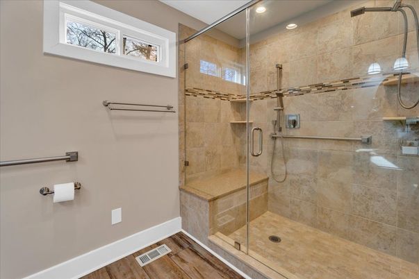 Bathroom, Glass Shower, Interior, Recessed Lighting, Wood Texture Flooring