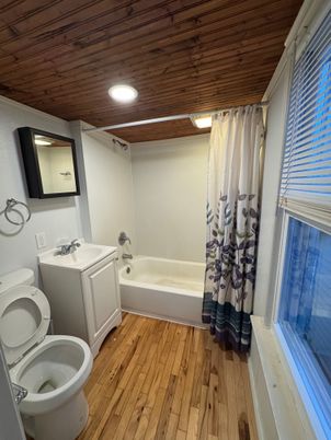 Bathroom, Interior, Recessed Lighting, Wooden Ceilings, Wood Texture Flooring