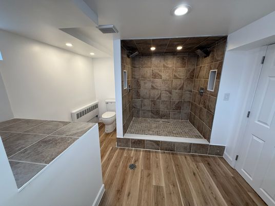 Bathroom, Glass Shower, Interior, Recessed Lighting, Wood Texture Flooring