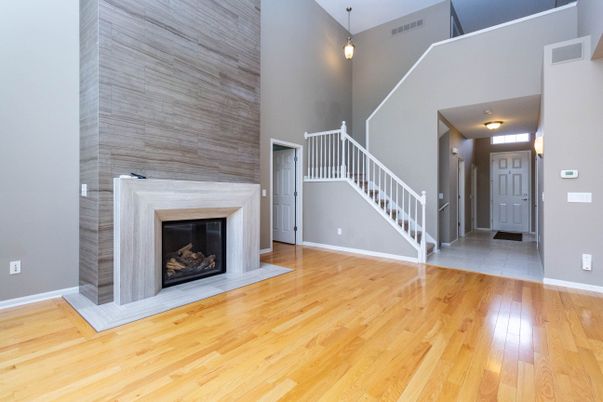 Empty room, Fireplace, Interior, Pendant Lights, Wood Texture Flooring
