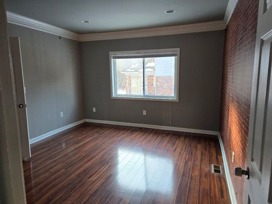 Empty room, Interior, Recessed Lighting, Stone Walls, Wood Texture Flooring