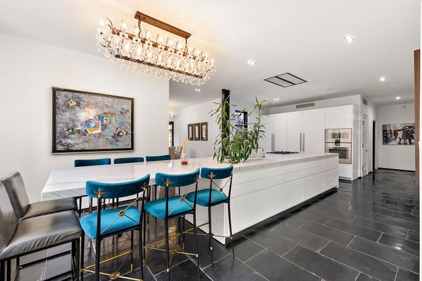 Chandelier, Dining room, Interior, Kitchen, Recessed Lighting, Stainless Steel Appliances