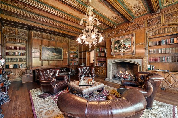 Chandelier, Fireplace, Interior, Living room, Wooden Beams, Wooden Ceilings, Wood Texture Flooring, Wooden Walls