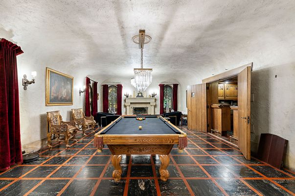 Billiard Table, Chandelier, Fireplace, Game Room, Interior