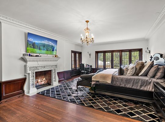 Bedroom, Chandelier, Fireplace, Interior, Wood Texture Flooring