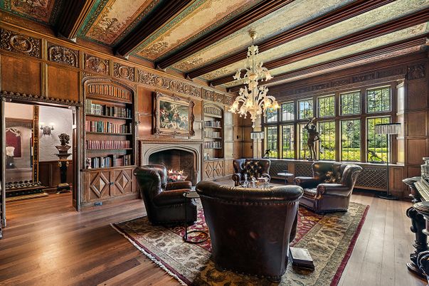 Chandelier, Fireplace, Interior, Living room, Wooden Beams, Wooden Ceilings, Wood Texture Flooring