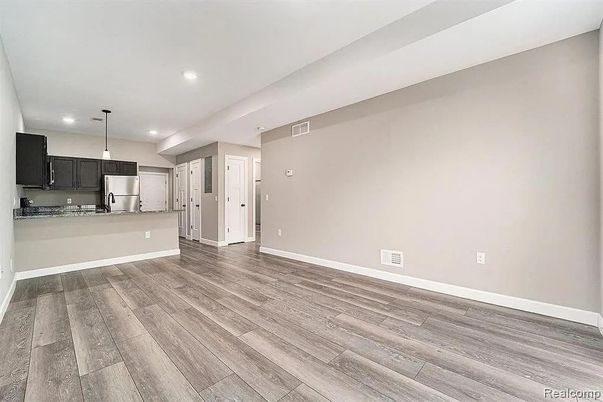 Empty room, Interior, Kitchen, Pendant Lights, Recessed Lighting, Wood Texture Flooring