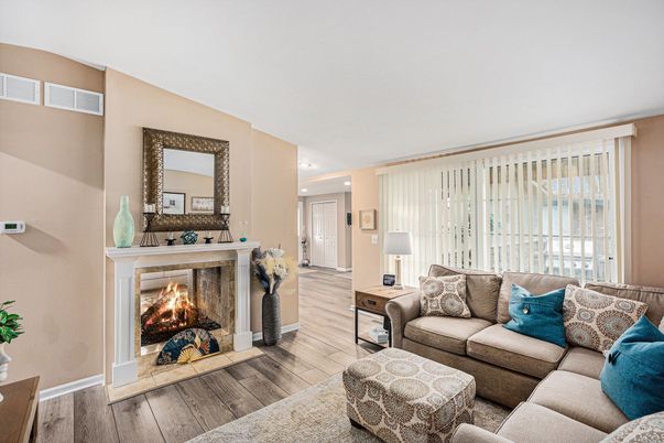 Fireplace, Interior, Living room, Recessed Lighting, Wood Texture Flooring