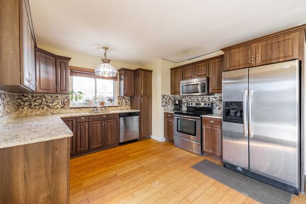 Interior, Kitchen, Pendant Lights, Stainless Steel Appliances, Wood Texture Flooring