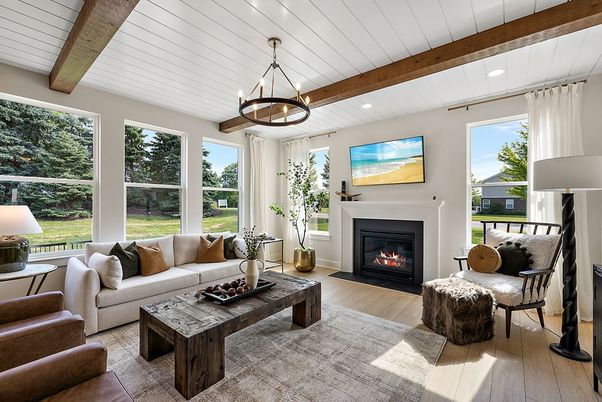 Chandelier, Fireplace, Interior, Living room, Pendant Lights, Recessed Lighting, Wooden Beams, Wood Texture Flooring