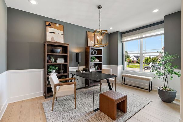 Home Office, Interior, Pendant Lights, Recessed Lighting, Wood Texture Flooring