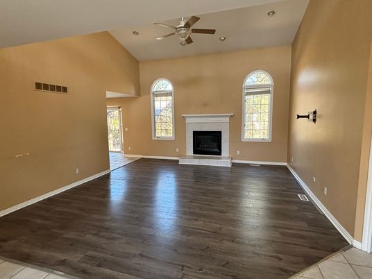 Empty room, Fireplace, Interior, Recessed Lighting, Wood Texture Flooring