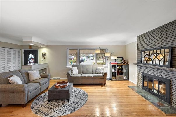Fireplace, Interior, Living room, Pendant Lights, Wood Texture Flooring