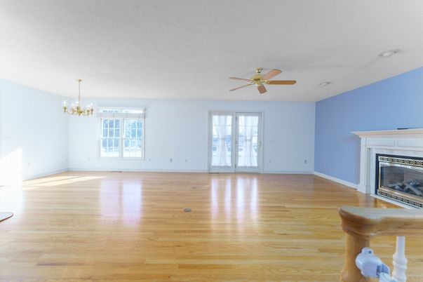 Chandelier, Empty room, Fireplace, Interior, Wood Texture Flooring