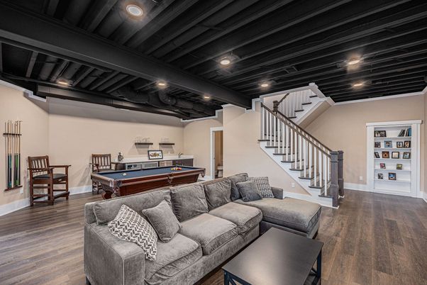 Billiard Table, Game Room, Interior, Living room, Recessed Lighting, Wood Texture Flooring