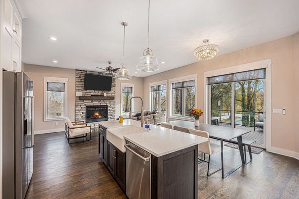 Chandelier, Dining room, Fireplace, Interior, Kitchen, Living room, Pendant Lights, Recessed Lighting, Wood Texture Flooring