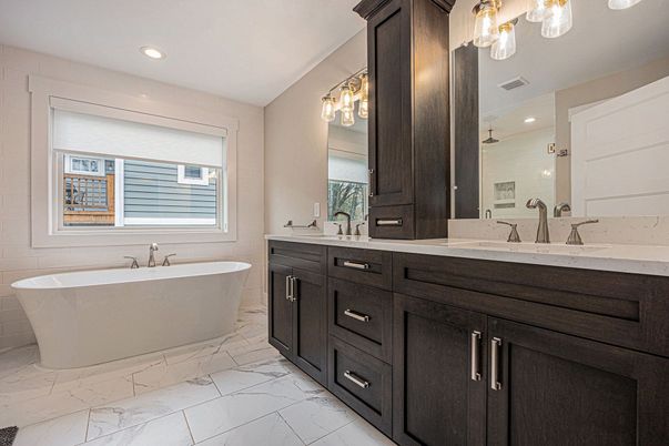 Bathroom, Dual Sink Vanities, Free Standing Baths, Interior, Marble, Recessed Lighting