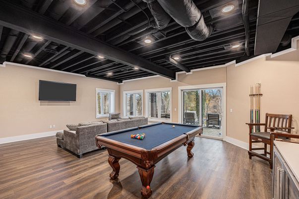 Billiard Table, Game Room, Interior, Recessed Lighting, Wood Texture Flooring