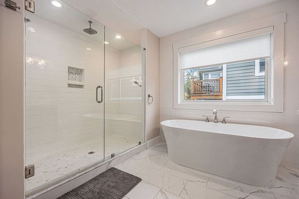 Bathroom, Free Standing Baths, Glass Shower, Interior, Marble, Recessed Lighting