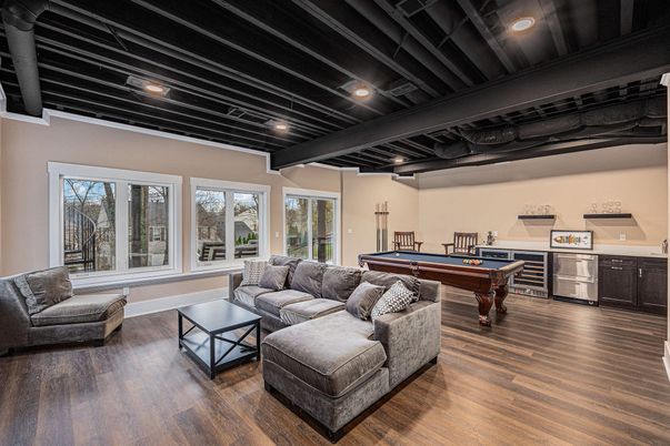 Billiard Table, Game Room, Interior, Living room, Recessed Lighting, Wood Texture Flooring