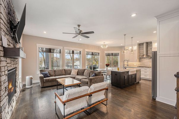 Dining room, Fireplace, Interior, Kitchen, Living room, Pendant Lights, Recessed Lighting, Wood Texture Flooring