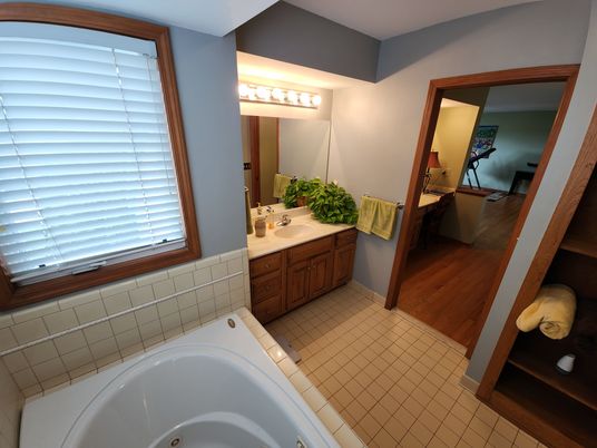Bathroom, Dual Sink Vanities, Interior, Tile Countertops, Wood Texture Flooring