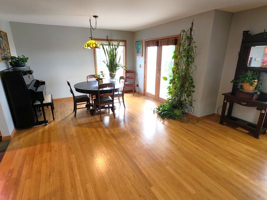 Dining room, Interior, Pendant Lights, Wood Texture Flooring