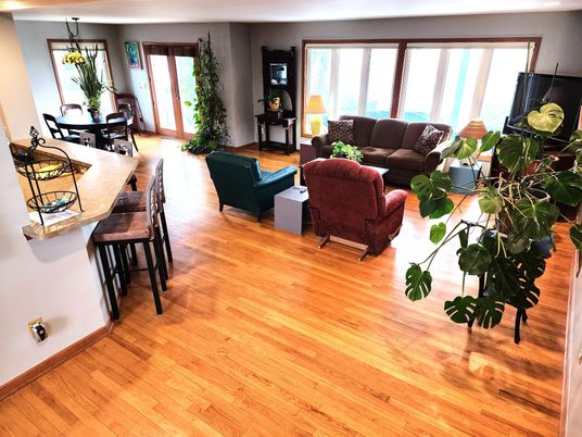 Dining room, Interior, Living room, Pendant Lights, Wood Texture Flooring