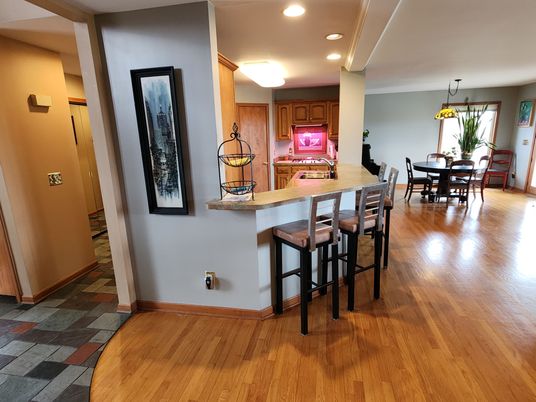 Dining room, Interior, Kitchen, Pendant Lights, Recessed Lighting, Wood Texture Flooring