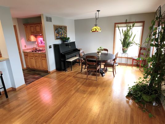 Dining room, Interior, Pendant Lights, Piano, Wood Texture Flooring