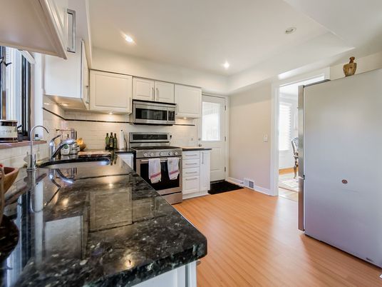 Interior, Kitchen, Recessed Lighting, Stainless Steel Appliances, Wood Texture Flooring