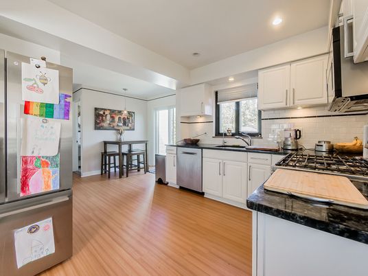 Dining room, Interior, Kitchen, Recessed Lighting, Stainless Steel Appliances, Wood Texture Flooring
