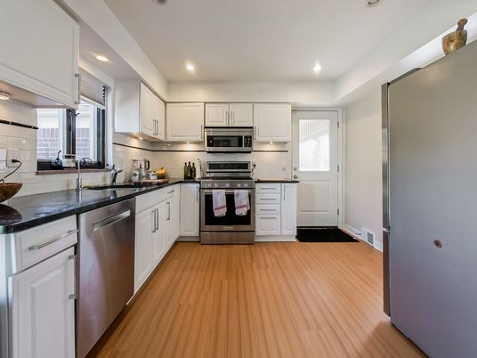 Interior, Kitchen, Recessed Lighting, Stainless Steel Appliances, Wood Texture Flooring