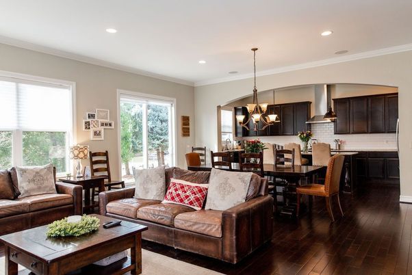 Chandelier, Dining room, Interior, Kitchen, Living room, Recessed Lighting, Wood Texture Flooring
