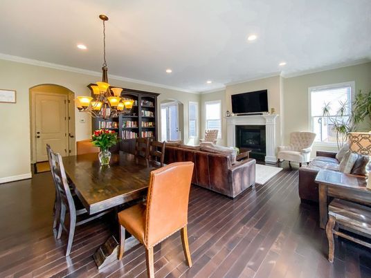 Chandelier, Dining room, Fireplace, Interior, Living room, Recessed Lighting, Wood Texture Flooring