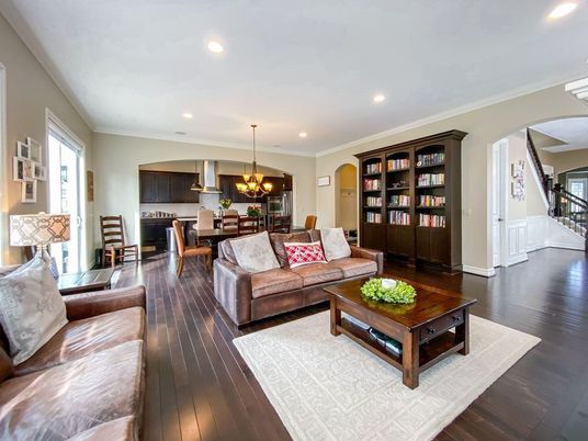 Chandelier, Dining room, Interior, Kitchen, Living room, Pendant Lights, Recessed Lighting, Wood Texture Flooring