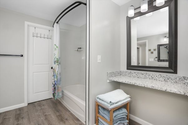 Bathroom, Glass Shower, Interior, Wood Texture Flooring