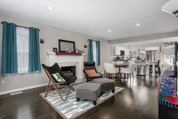 Dining room, Fireplace, Interior, Kitchen, Living room, Pendant Lights, Recessed Lighting, Wood Texture Flooring