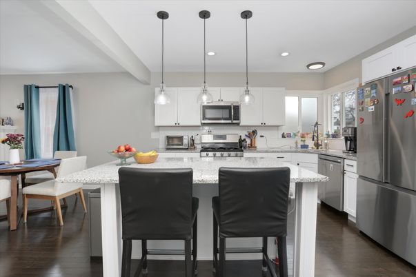 Interior, Kitchen, Pendant Lights, Recessed Lighting, Stainless Steel Appliances, Wood Texture Flooring