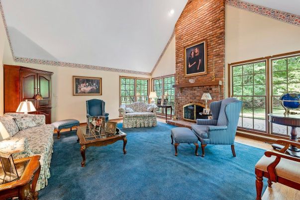 Fireplace, Interior, Living room, Recessed Lighting, Stone Walls