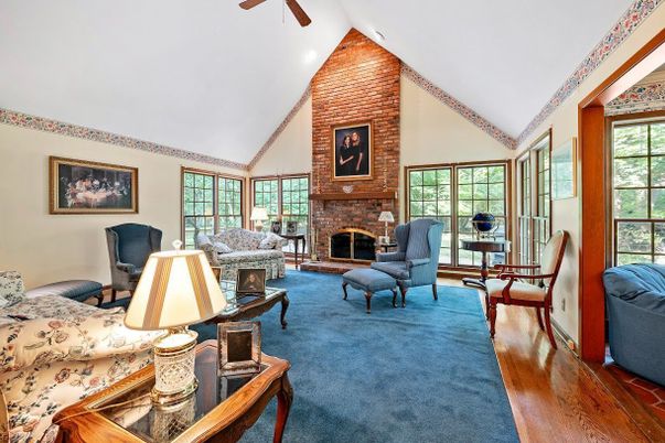 Fireplace, Interior, Living room, Recessed Lighting, Stone Walls