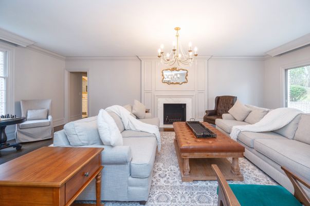 Chandelier, Fireplace, Interior, Living room