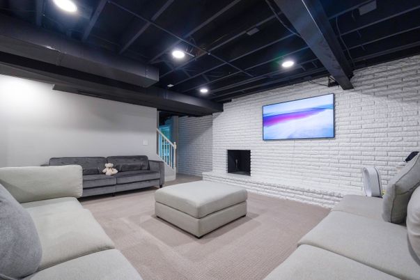 Fireplace, Interior, Living room, Recessed Lighting, Stone Walls