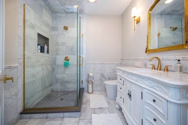 Bathroom, Glass Shower, Interior, Marble Walls