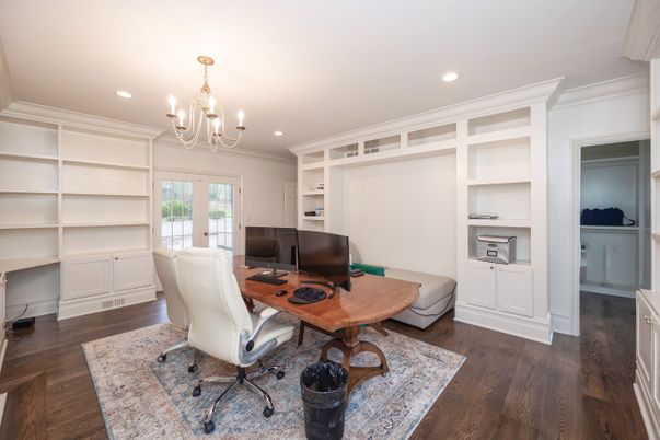 Chandelier, Home Office, Interior, Recessed Lighting, Wood Texture Flooring