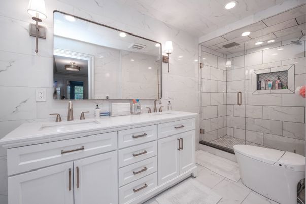 Bathroom, Dual Sink Vanities, Glass Shower, Interior, Marble, Marble Walls, Recessed Lighting