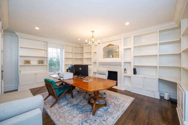 Chandelier, Fireplace, Home Office, Interior, Recessed Lighting, Wood Texture Flooring