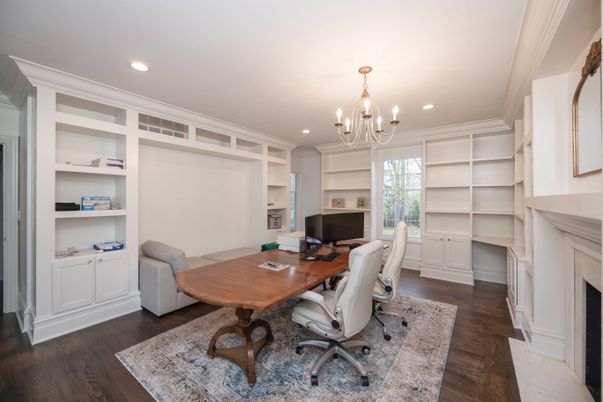 Chandelier, Fireplace, Home Office, Interior, Recessed Lighting, Wood Texture Flooring
